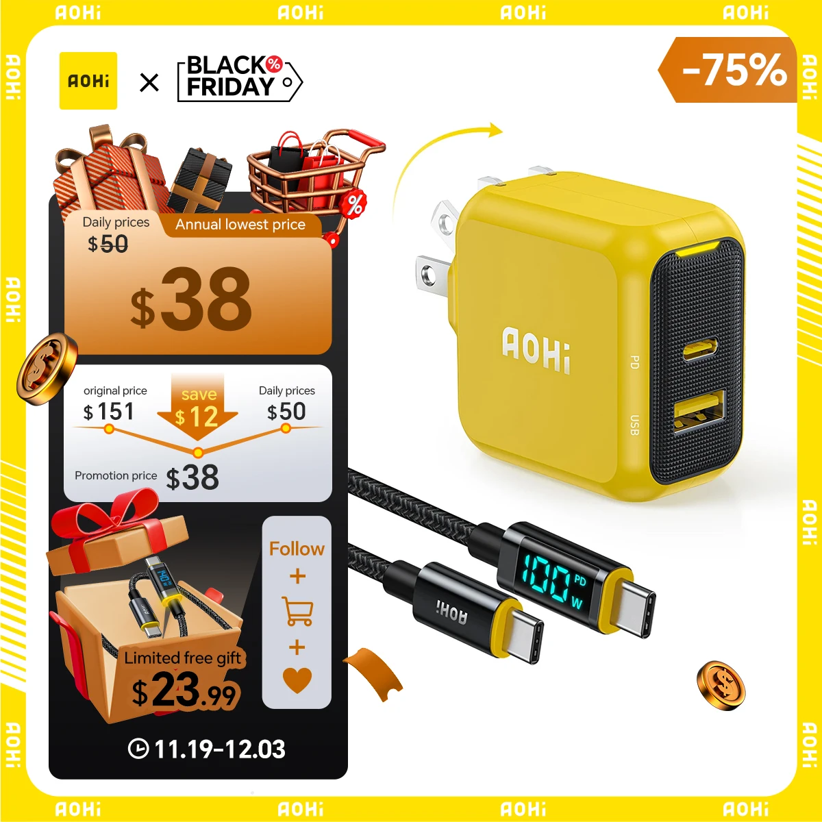 

Двухпортовое складное зарядное устройство GaN AOHI Magcube, 67 Вт, со светодиодным кабелем (желтый/черный)