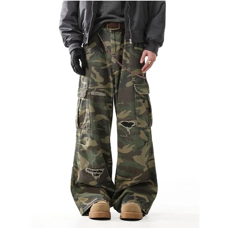 여성 스트리트웨어 빈티지 멀티 포켓 카모플라주 카고 진 2025 가을 미국 레트로 Y2K 데님 팬츠 와이드 레그 배기 바지