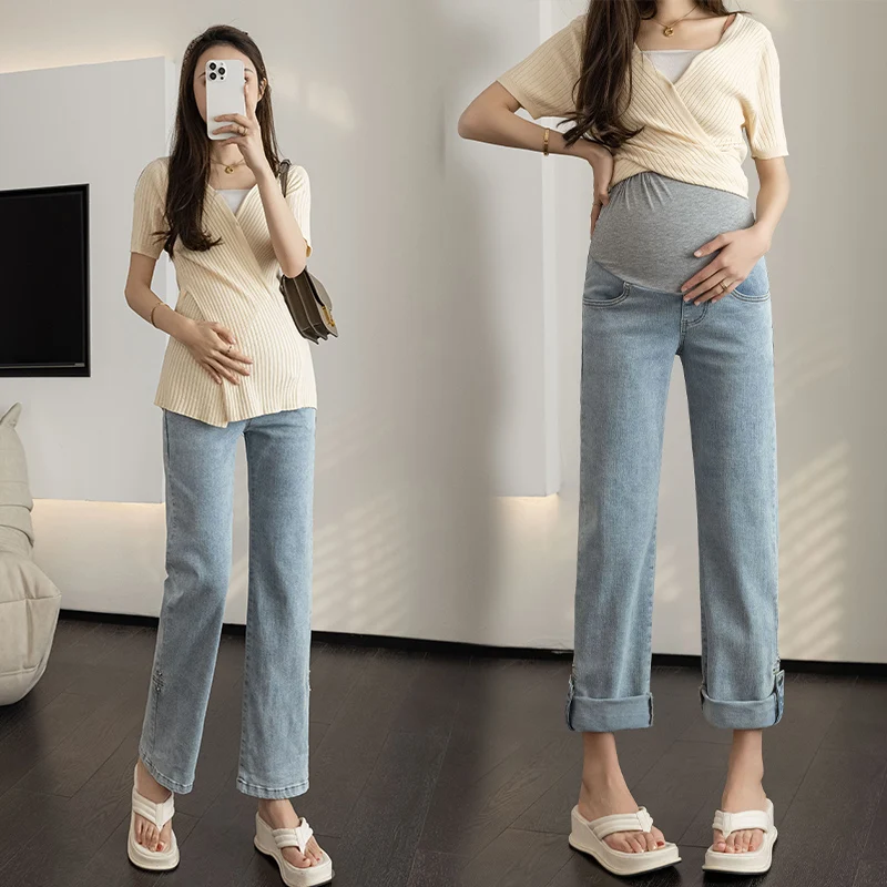 

2311# Autumn New Rolled Up Stretch Denim Maternity Jeans Elastic Waist Belly Straight Pants Clothes for Pregnant Women Pregnancy