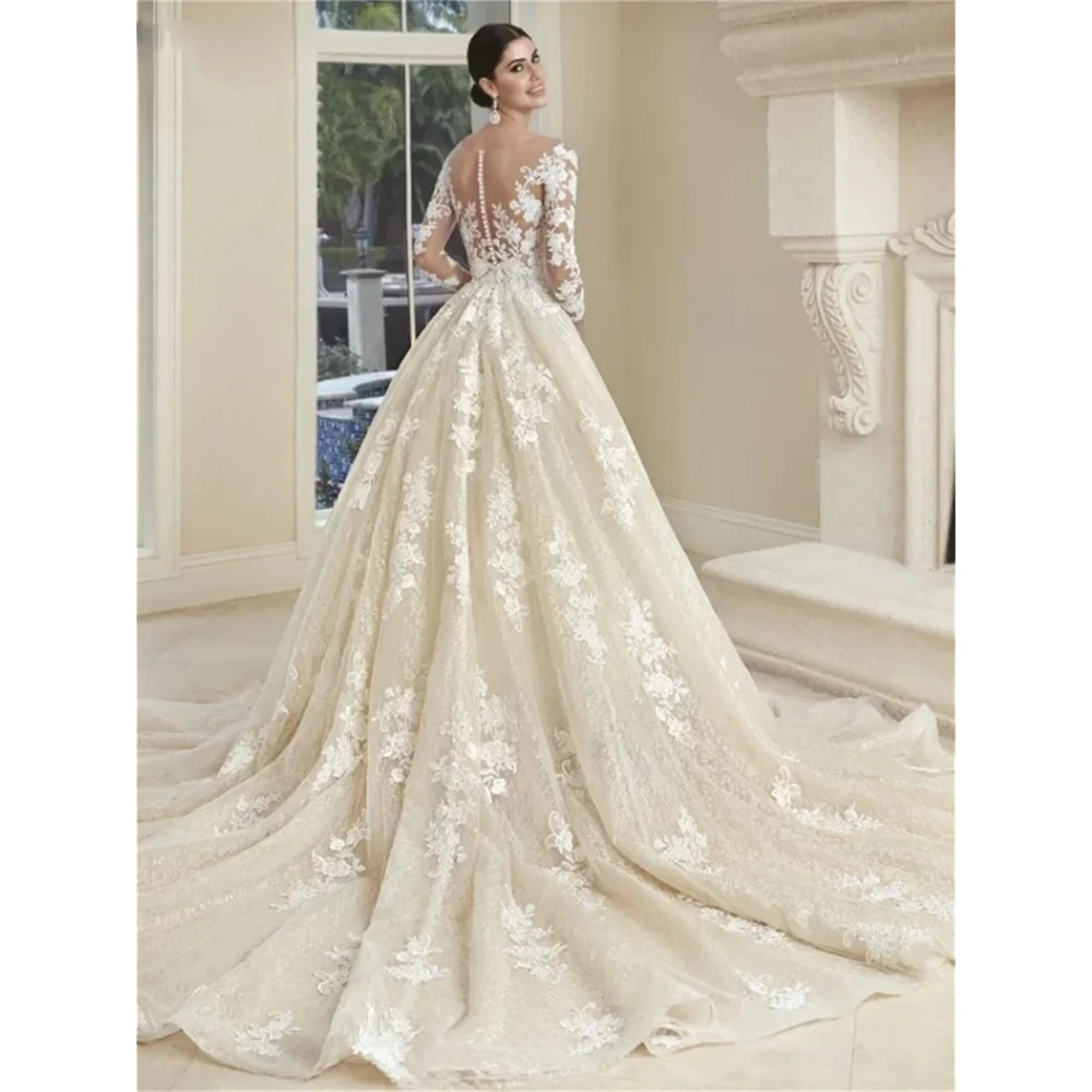 Customized Gorgeous Chiffon A-line Wedding Dresses 2026 Elegant Long Sleeved Lace Decal Floor Skirt Popular Trailing Bridal Gown