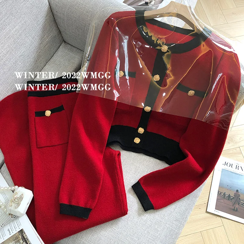 Korean Two Piece Sets Women Long Sleeve Red Casual Knitted Cardigan Coat Wide Leg Pants Sweater Set CHIC Knitted Outfits