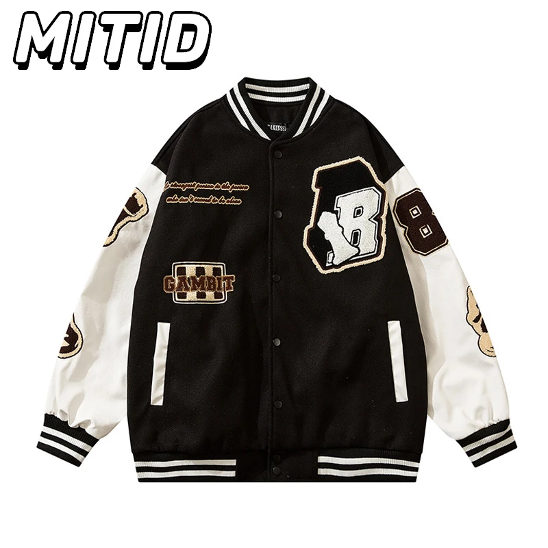 

Hip Hop Streetwear Spring Autumn Baseball Jacket Men and Women Vintage Embroidery Patchwork PU Leather Sleeve Couple Outerwear