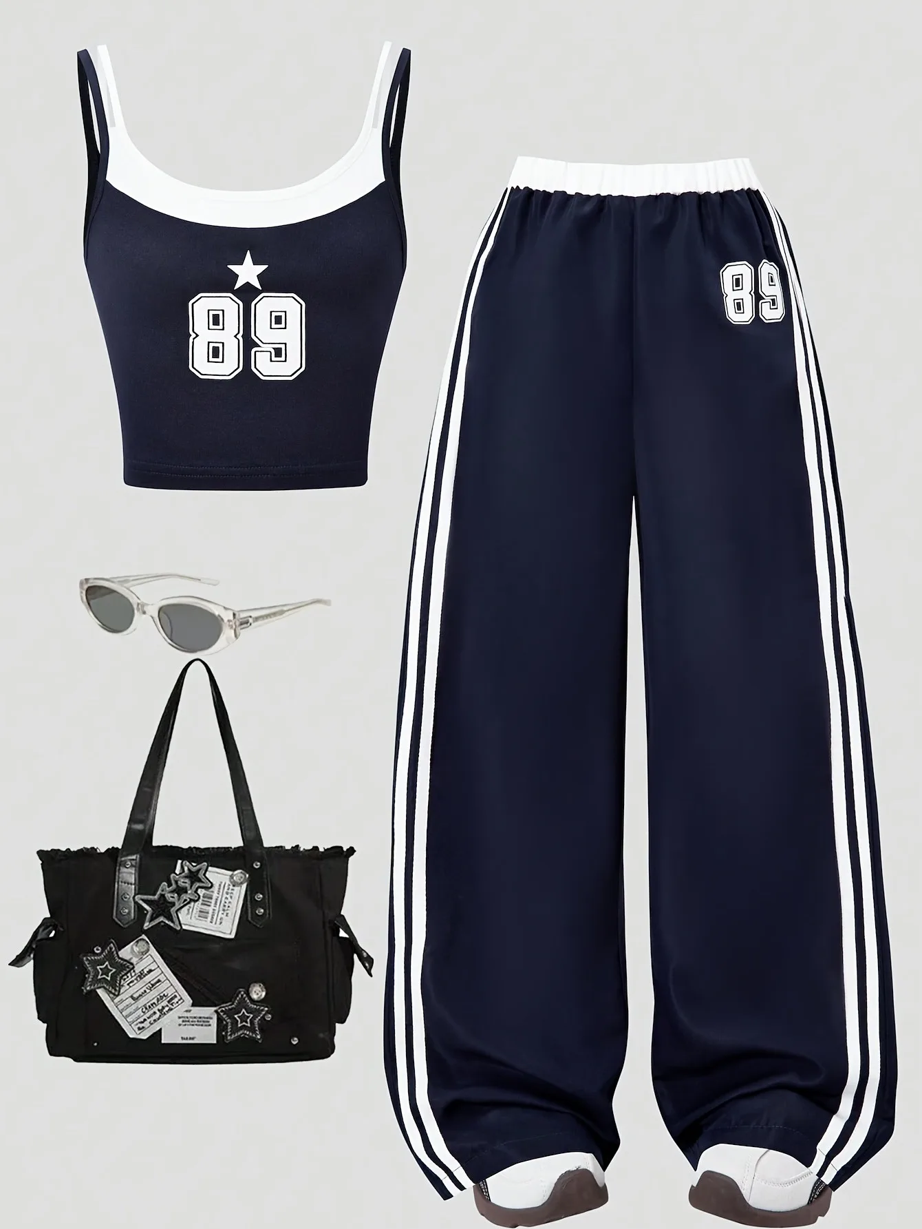 Trendy Girls 2Pcs Y2K Streetwear Suit Navy Color Block 89 Star Graphic Cropped Tank Top, Double Side White Stripe Loose Trousers