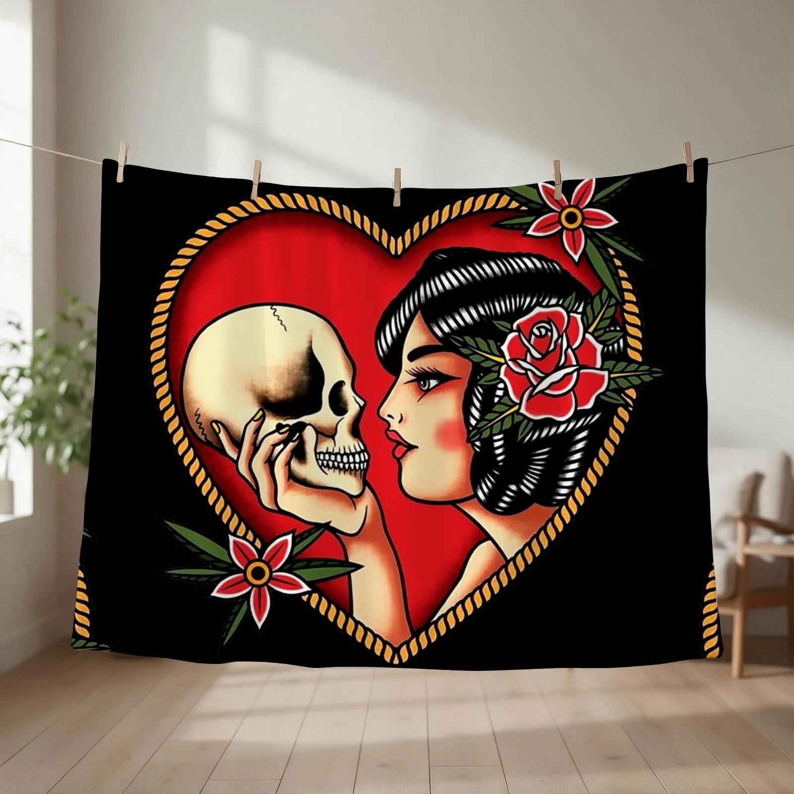 Traditional Beautiful Flapper in Heart Holding Skull Tattoo Throw Blanket