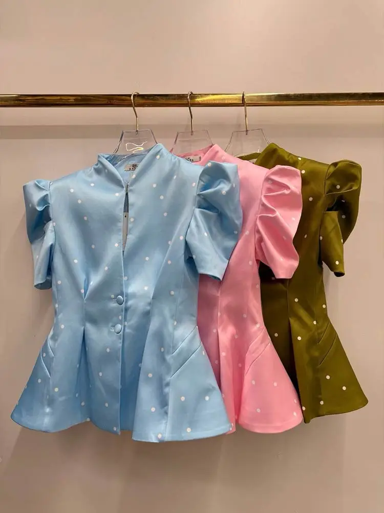 Bedruckter Taillierter Dünner Blazer für Damen Eleganter Stehkragen Puffärmel Kurze Ärmel Schlanker Mantel Schicke Büro-Damen-Oberteil Neue Oberbekleidung – Detail 2
