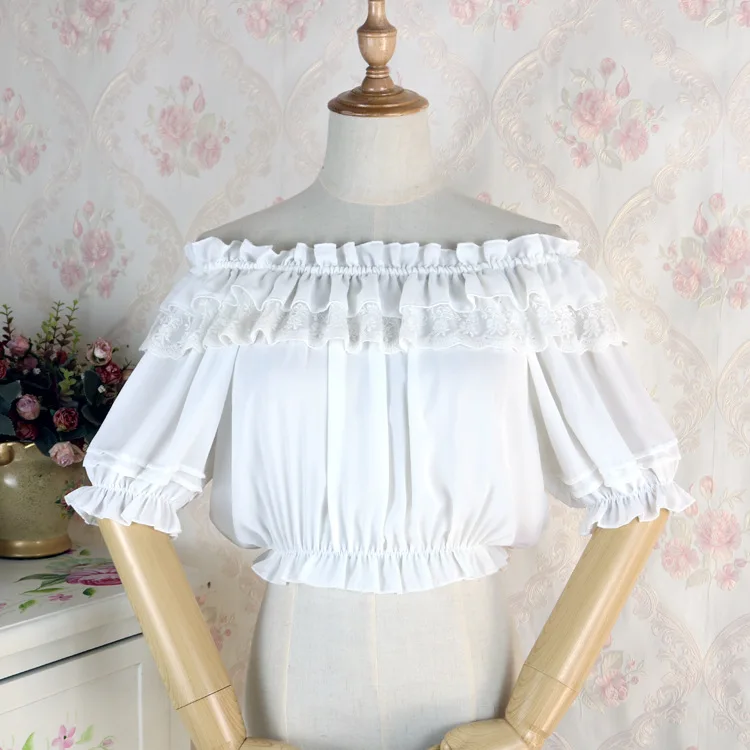 Lace Ruffle Slash Neck Off Shoulder Lolita Shirt Summer Tops Short Sleeve Chiffon Women Blouse Blusas Mujer De Moda