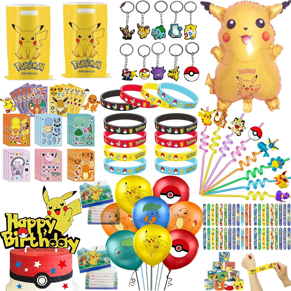 Favor de fiesta de Pokémon para niños, premios de Carnaval de Pikachu, premios en el aula, bolsa de regalos, pulseras, llavero, bolsa de regalo, globo 3d