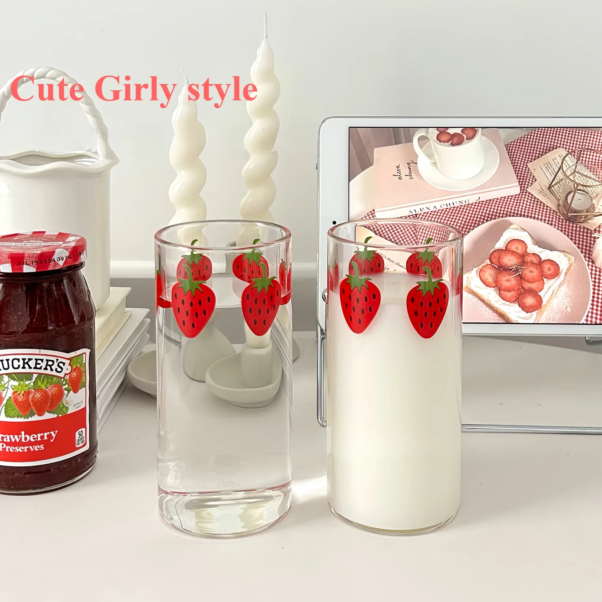 300ml Strawberry Cute Glass Cup With Straw Creative Transparent Water Cup Student Milk Heat Resistant Glass Nana