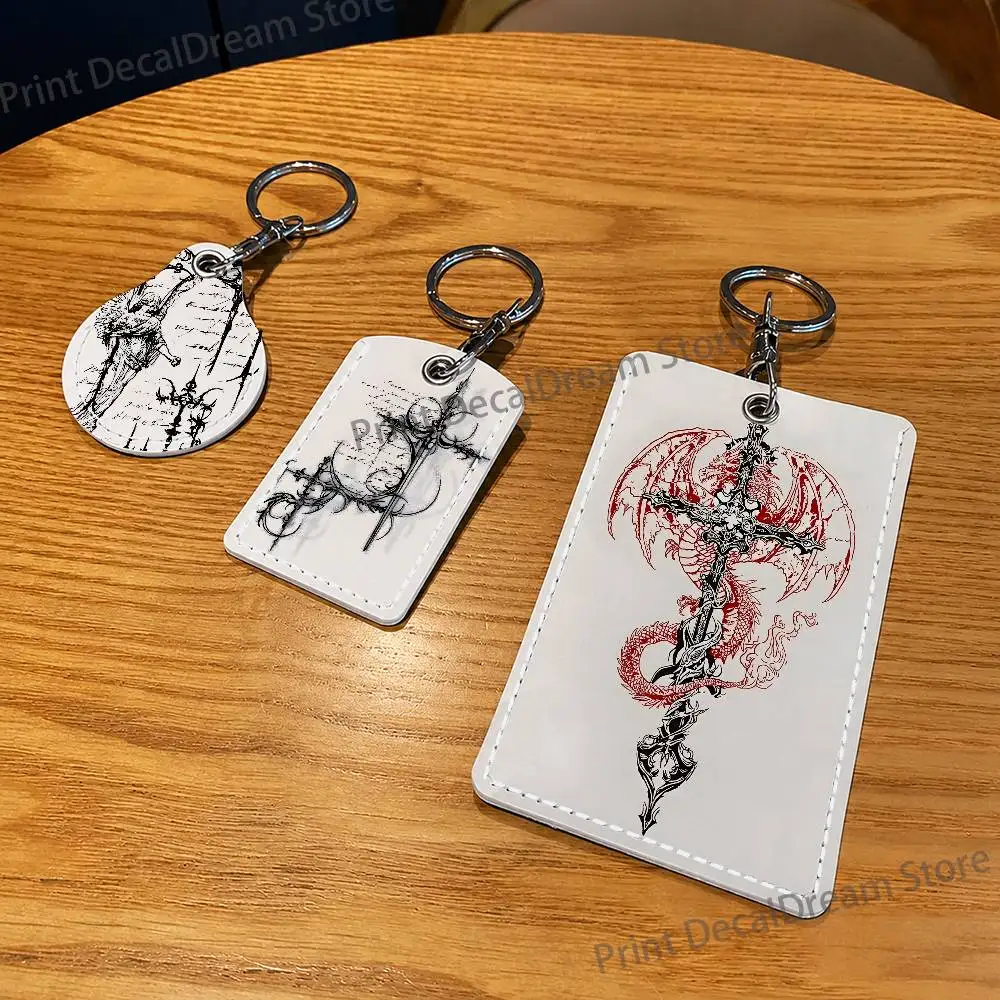 Gothic Cyber Sigil Cross Eyes Skull Leather Card Holder Keychain Key Ring Door Lock Access Tag ID Access Card Air Tag Case Card
