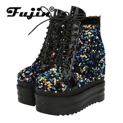 Fujin 13cm nuove donne sintetiche scarpe firmate di marca alta donna autunno primavera colore misto Bling stivaletti di lusso moda roma