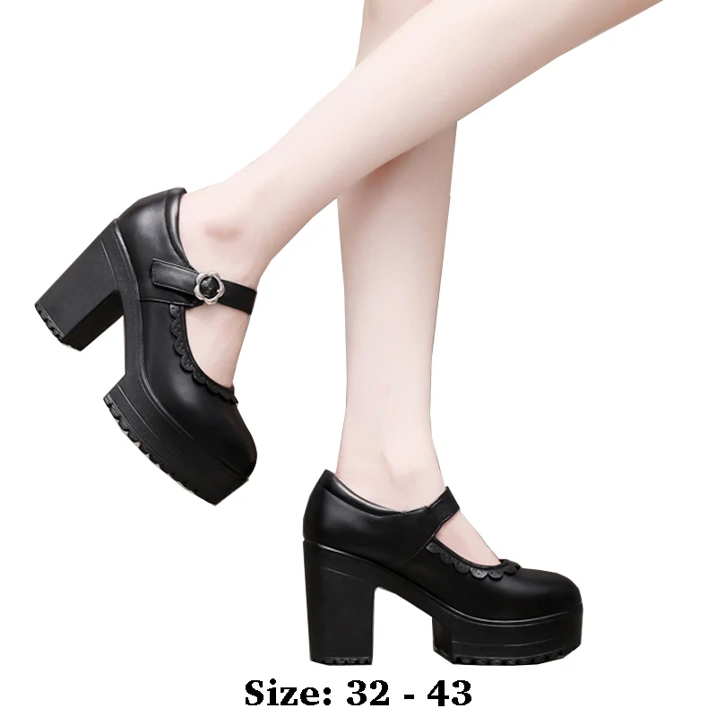 

high quality leather shoe for women 8cm high heel platform round toe 32 33 43 elegant fashion shoe black white