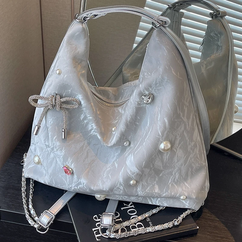 Bolso de hombro doble con lazo de decoración de perlas para mujer, bolso de gran capacidad, bolso cruzado de un solo hombro, bolso de mano de comunicación con cremallera, nuevo