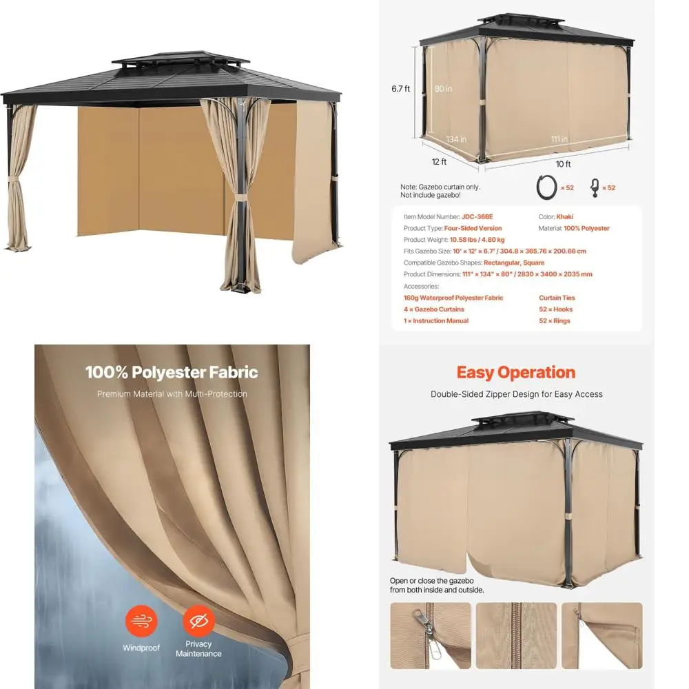 

Outdoor Gazebo Privacy Curtains, 4-Panel Sidewalls, Fits 12x10x6.7ft Gazebos, Zippered for Easy Installation, Suitable for Most