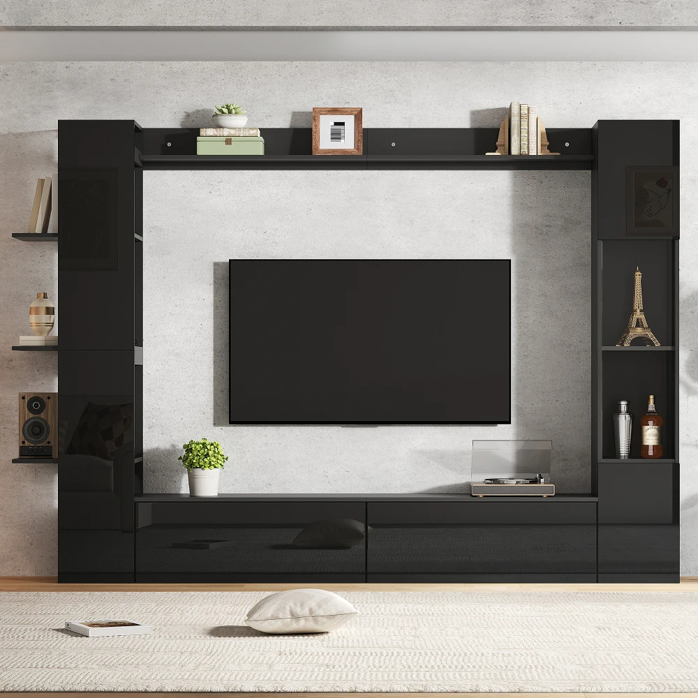 Ye Wohnwand, Porte-vitrine modulable (Lot de 4), Mur de rangement compact avec grand espace de rangement, Meuble TV, Vitrine, Armoire de rangement, Spécial salon, Noir