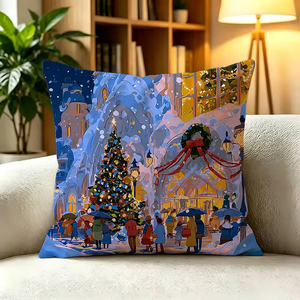 winter night snow street Pillow Case Living Room Sofa Cushion Cover Suitable For Home Bedroom Room Decoration