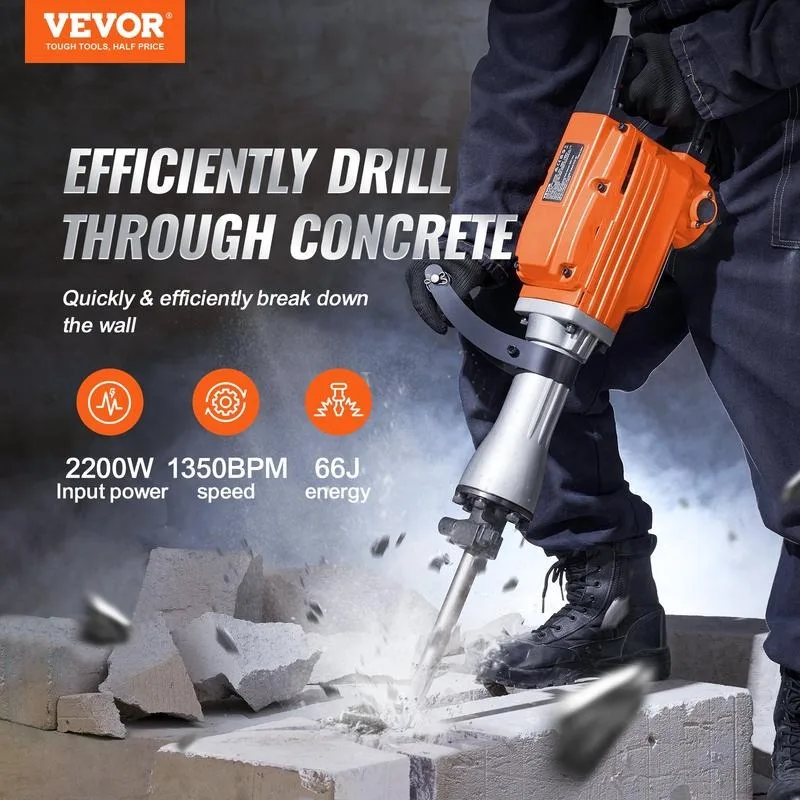 VEVOR Demolition Jack Hammer Concrete Breaker, 1400/2200/3500W Heavy Duty Electric Hammer 2/4/6 Chisel Bit with Gloves