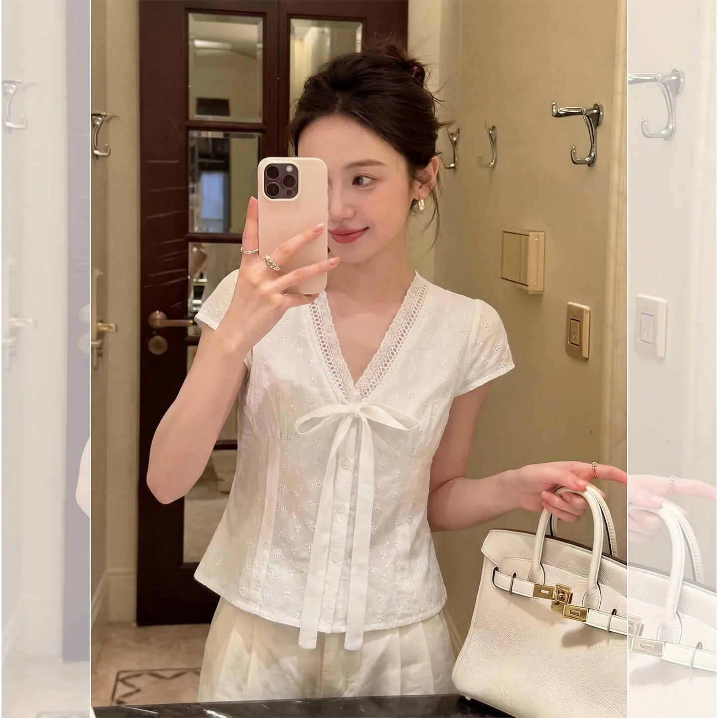 

Retro Slimming Waist Design Original White Shirt Korean Style Straight Cut Polyester Fiber Short Sleeve V-Neck Button up Wome...
