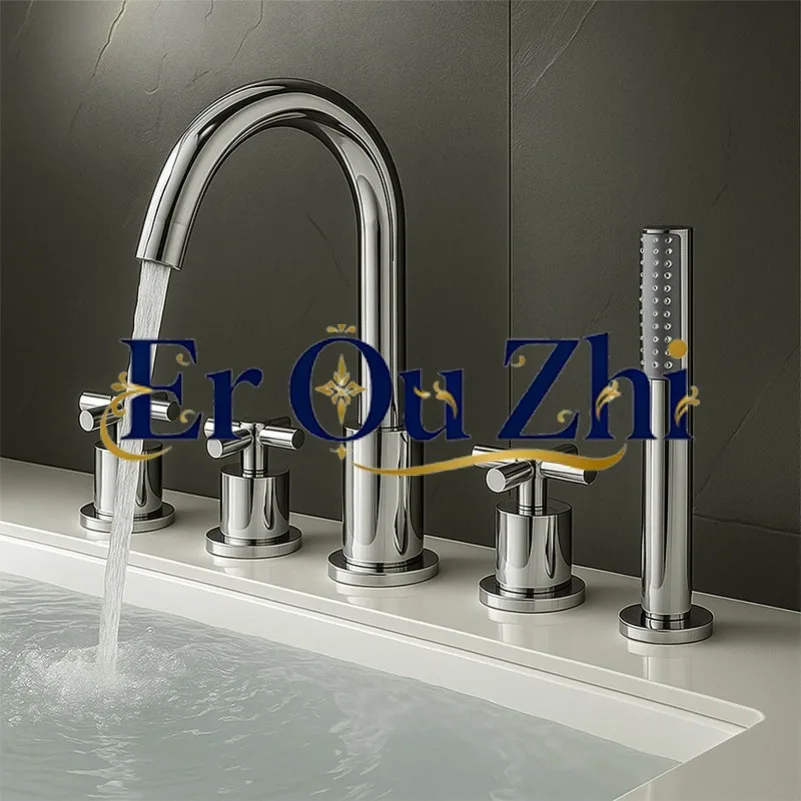 All-copper Hot and Cold Three-hole Four-hole Basin Faucet, Cylinder-side Split Shower, Pull-out Bathtub Faucet Five-piece Set