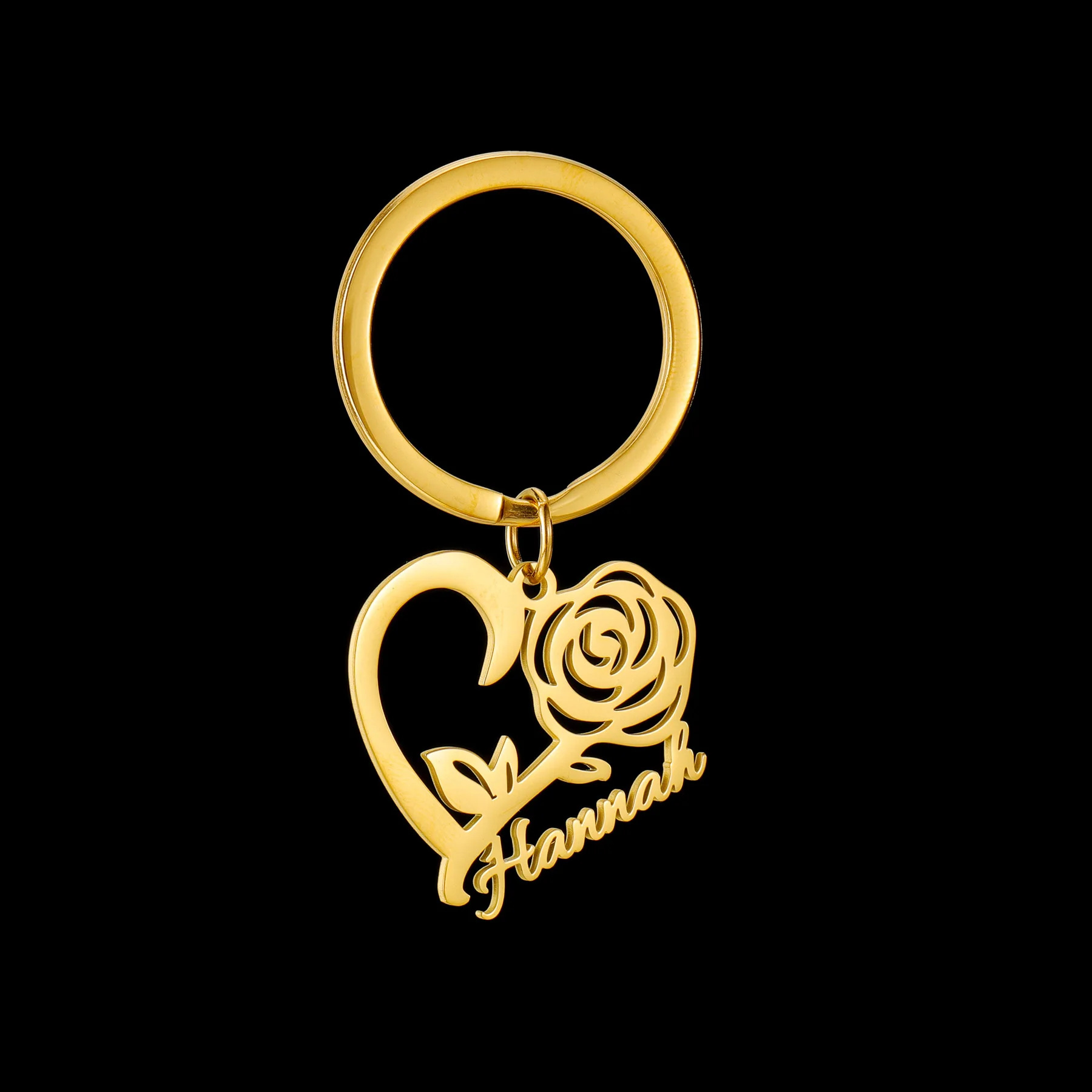 Akizoom Personalized Custom Name Keychain Stainless Steel Hollow Heart Rose Keyring for Woman Kids Lover Metal Jewelry Gift