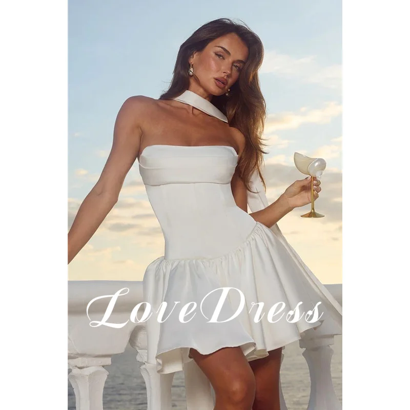 비치 미니 스테인 아이보리 A라인 웨딩드레스 민소매 섹시 백리스 무릎 위 플리츠 오픈 백 레이스업 2025 맞춤 제작