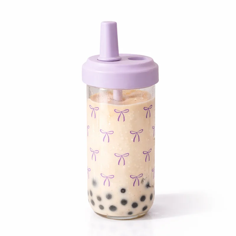 

500ml Purple Bowl Straw Water Bottle With Lid Cute Coffee Bubble Milk Tea Plastic Cup For Outdoor School Drinking Water Bottle