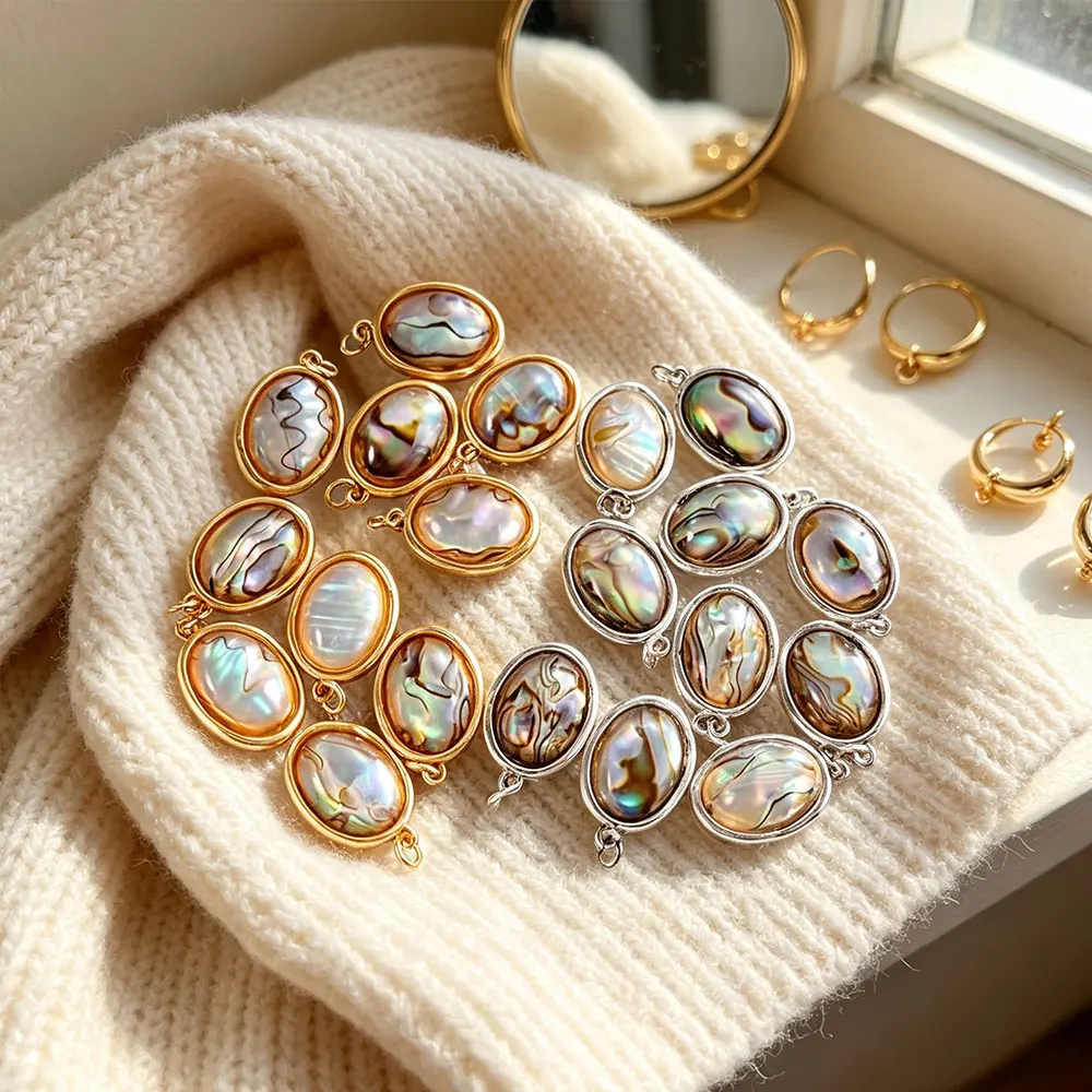 Oval Abalone Shell Charms Plated Metal Frame Connectors Natural Iridescent Paua Pendants For Handmade Necklace Bracelet Earring