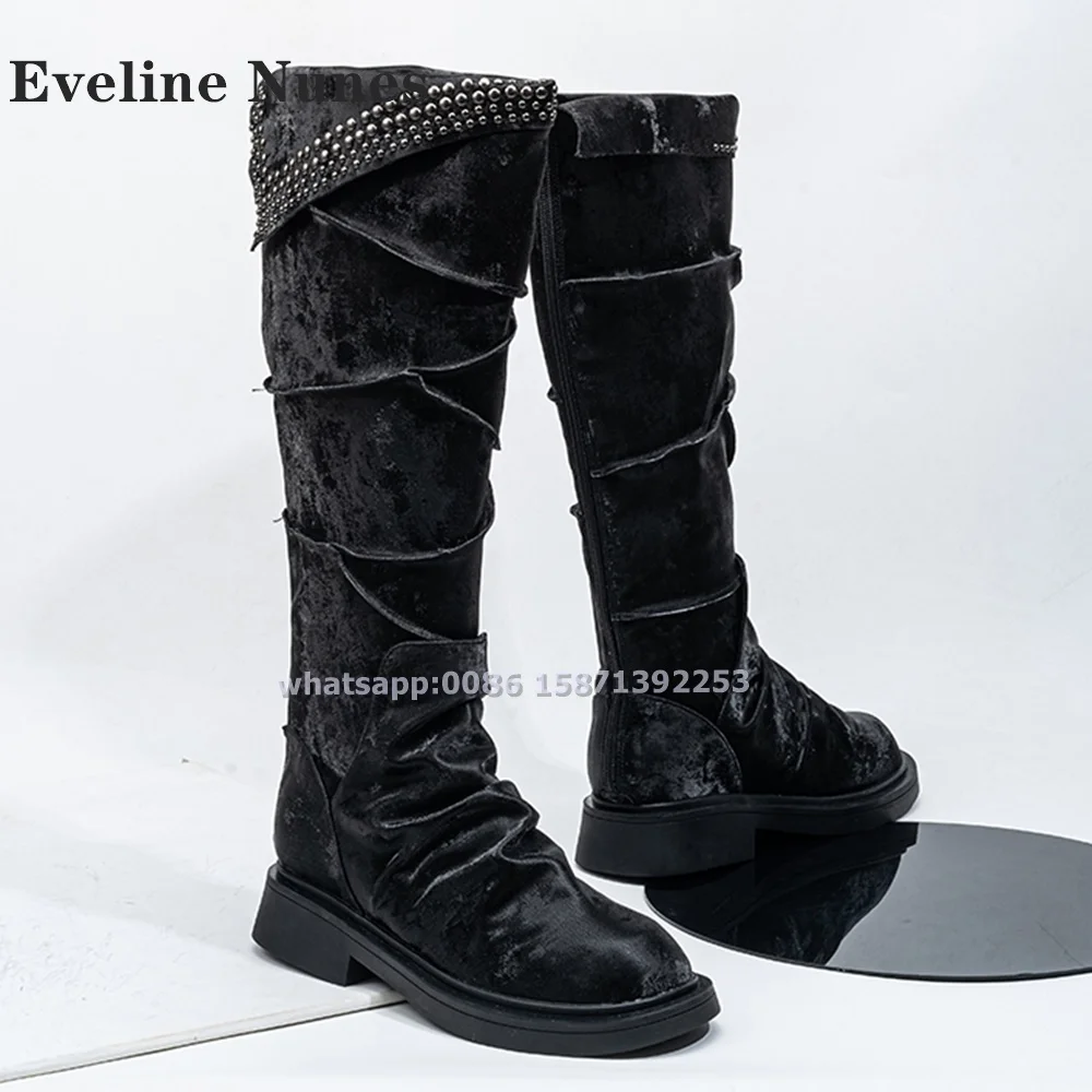 Rivet Fold Down Pleated Boots Round Toe Tank Sole Patchwork Zipper Knee High Boots Cool Dark Punk Cowboy Boots 2024 Autumn Trend