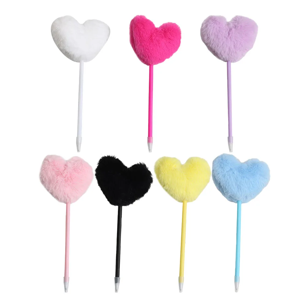 7pcs Heart Shape Plush Gel Ink Pens Pompom Ballpoint Pen Fluffy Gel Pens Office School Stationery Supplies