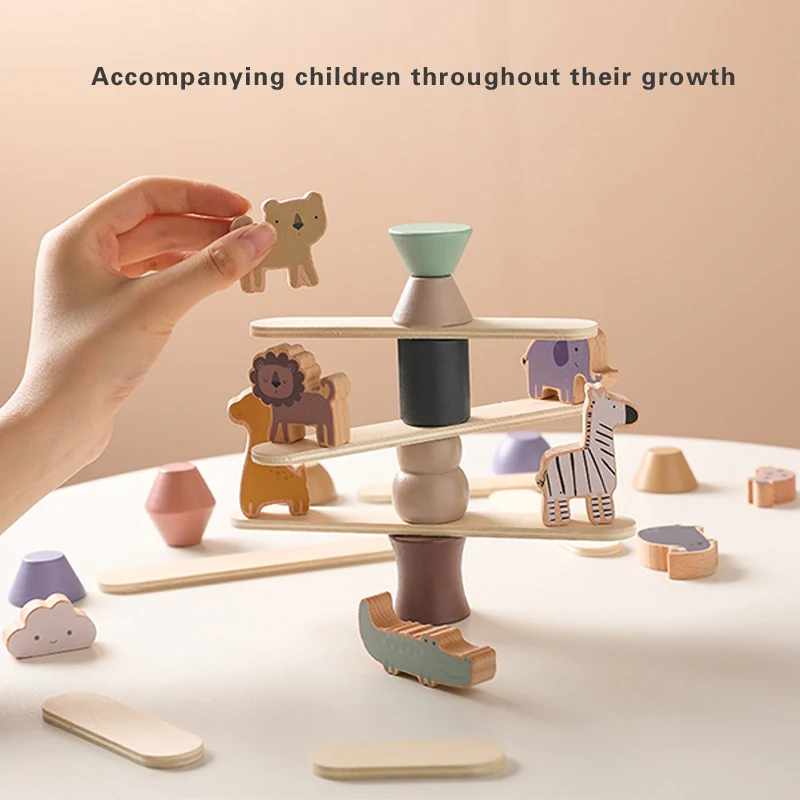 

Kid Montessori Toy Wooden Animal Balance Blocks Board Game Educational Balance Ability Stacking Building High Block Constructor