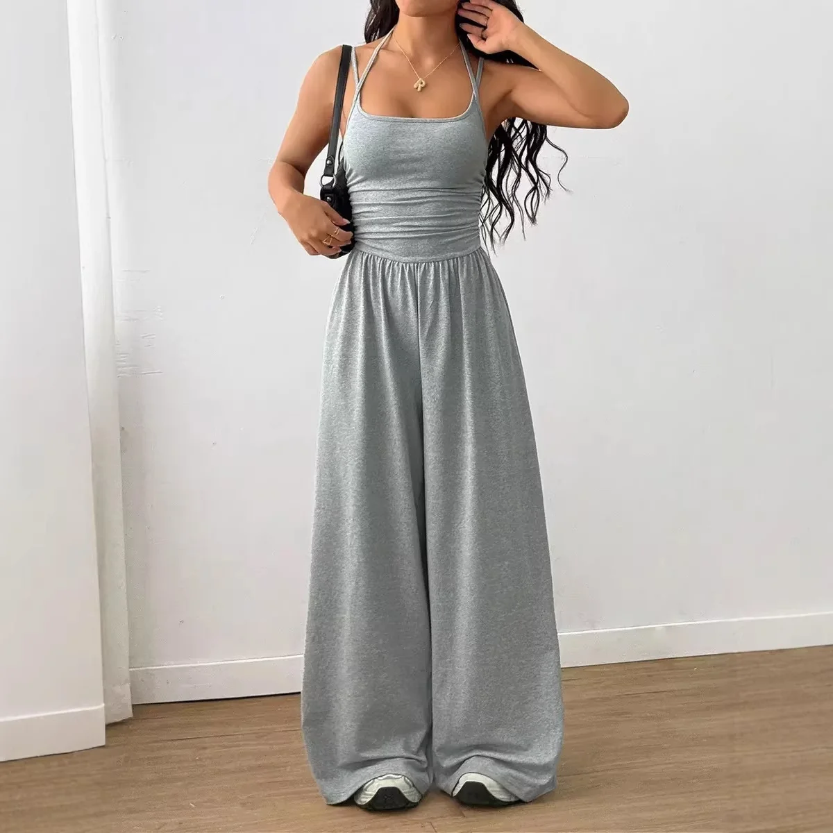 

Jumpsuit Women Halter Neck Ruched Waist U-Neck Wide Leg Long Solid Color 2026 Summer Daily Wear Casual For Office Students Pants