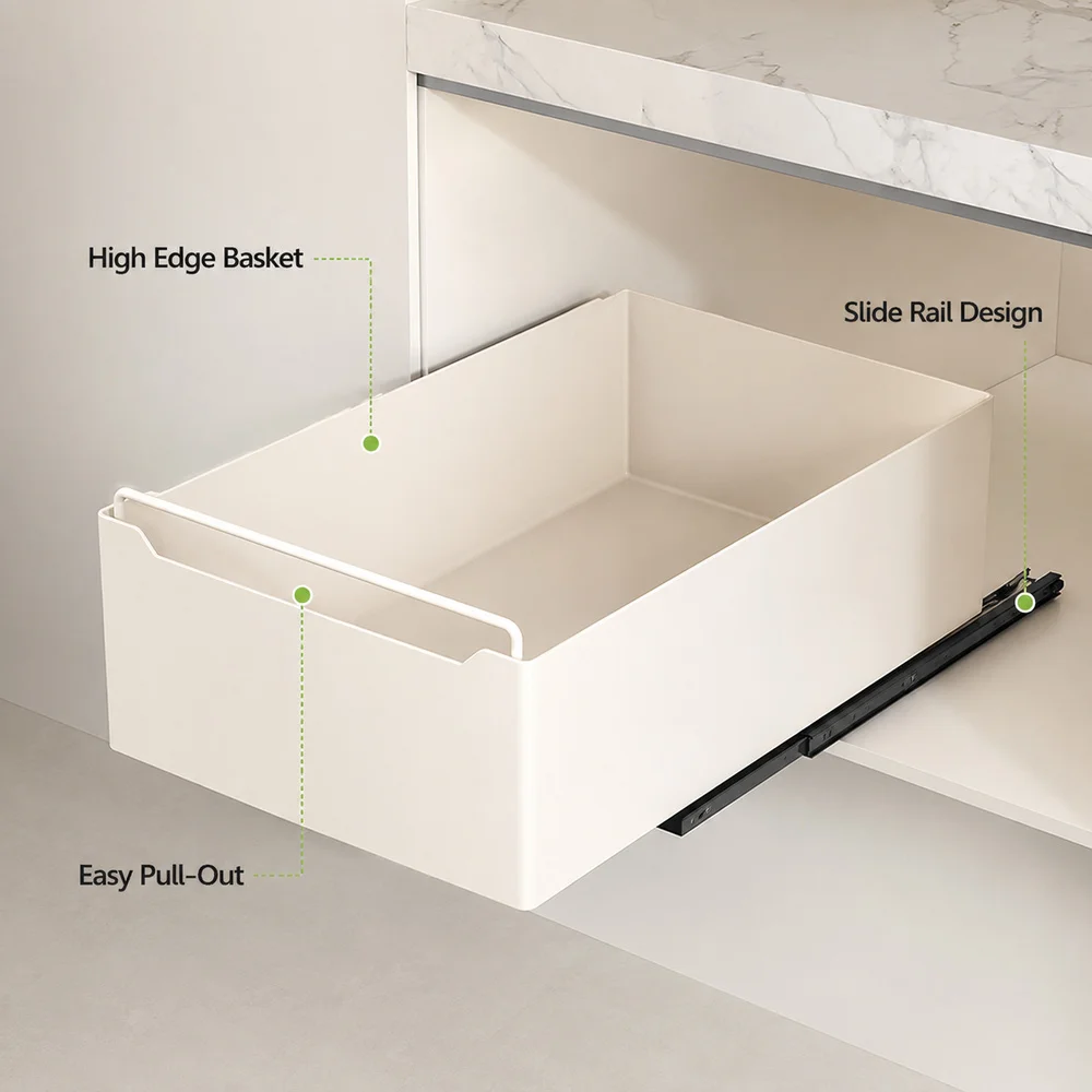 Milky White Pull Out Cabinet Organizer Carbon Steel Under Sink Storage Basket Sliding Drawer Rack for Kitchen Pantry Bathroom