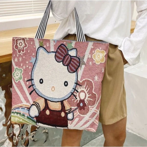 

Sanrio Hello Kitty Canvas Bag Cartoon Kate Cat Portable Shoulder Bag Light and Large Capacity Shopping Bags Travel Bags Gift Toy