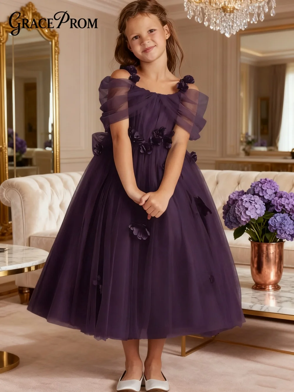 

Romantic Tulle Girl Dress Girl Stage Show Dress Girl Princess Dress Cute 3D Floral A-Line Floor-Length Party Gown