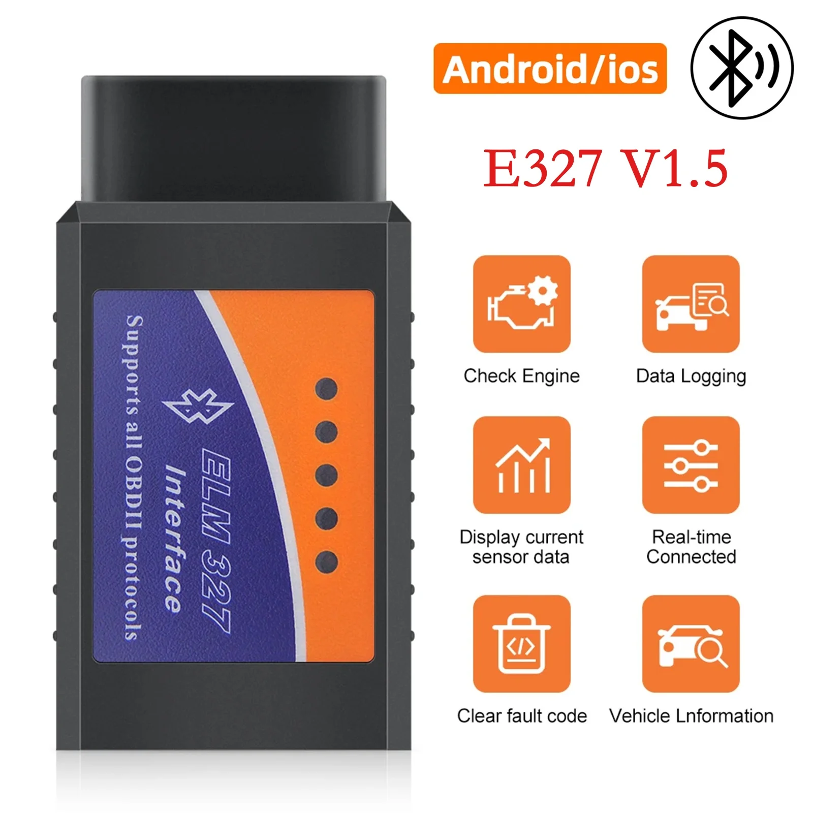 

ELM327 interface Scanner OBD 2 Car Diagnostic Detector Code Reader Tool V1.5 Bluetooth 5.1 for IOS Android Car Fault Code Reader