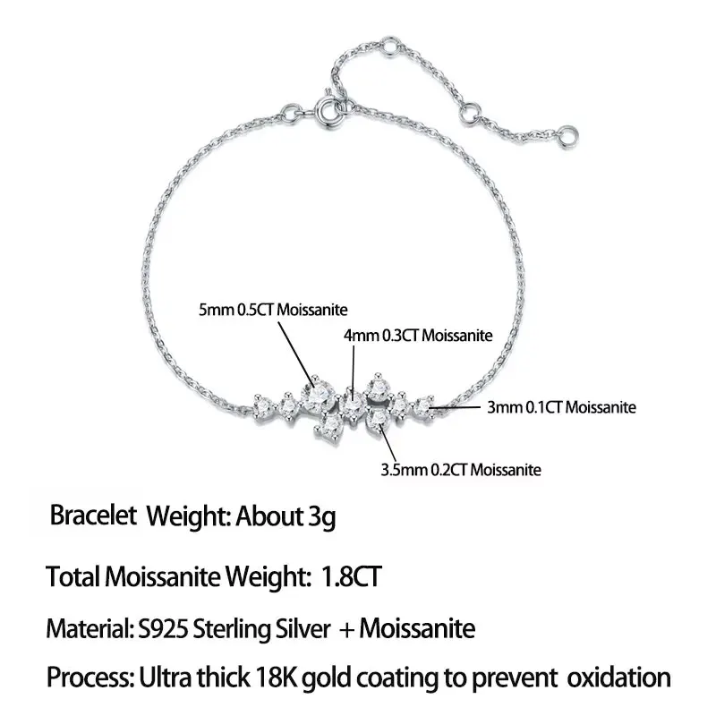 LinkerLove Cluster Moissanite Bracelet for Women 925 Sterling Silver Arc Shape Chain Bracelet Fine Jewelry Valentine's Day Gift