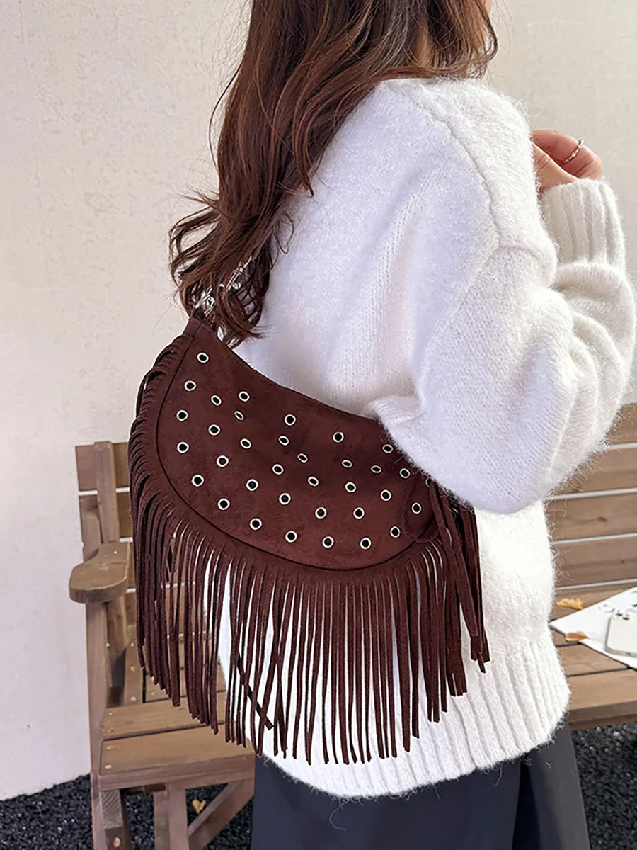 الصلبة شرابة حقيبة للسيدات 2025 الخريف الشتاء جديد البوهيمي نمط خمر برشام حقائب اليد سستة عالية الجودة حقيبة كروسبودي #4