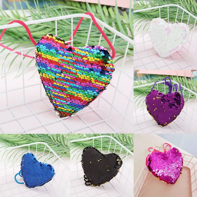 Kids Sequins Heart Shaped Shoulder Bag Baby Girls Handbags Storage Bag Small Tote Coin Purse 7 Colors