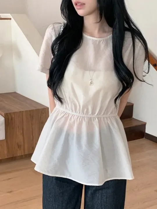 

Elegant Women's Summer 2026 Shirt Soft Elastic Waist Short Sleeve Versatile Chiffon Top French Style round Neck Other Materia...