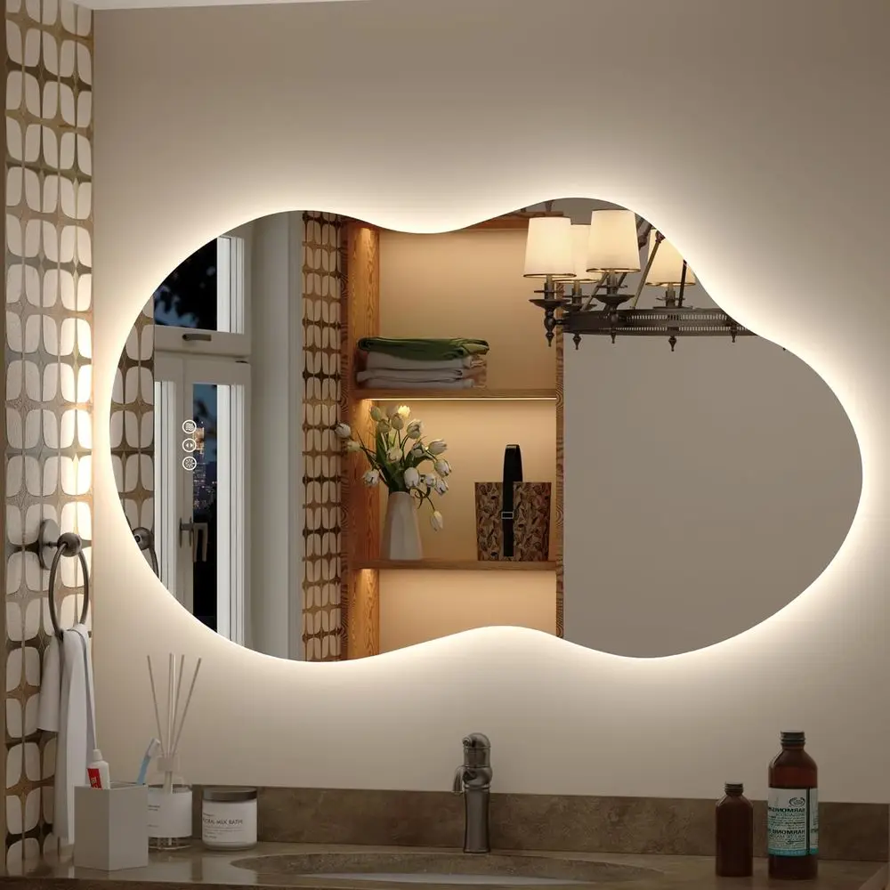 

40x24 Inch Irregular Cloud LED Bathroom Mirror, Asymmetrical Backlit Bathroom Vanity Mirror, Anti-og, Dimmable, 3 Col, Memory, S