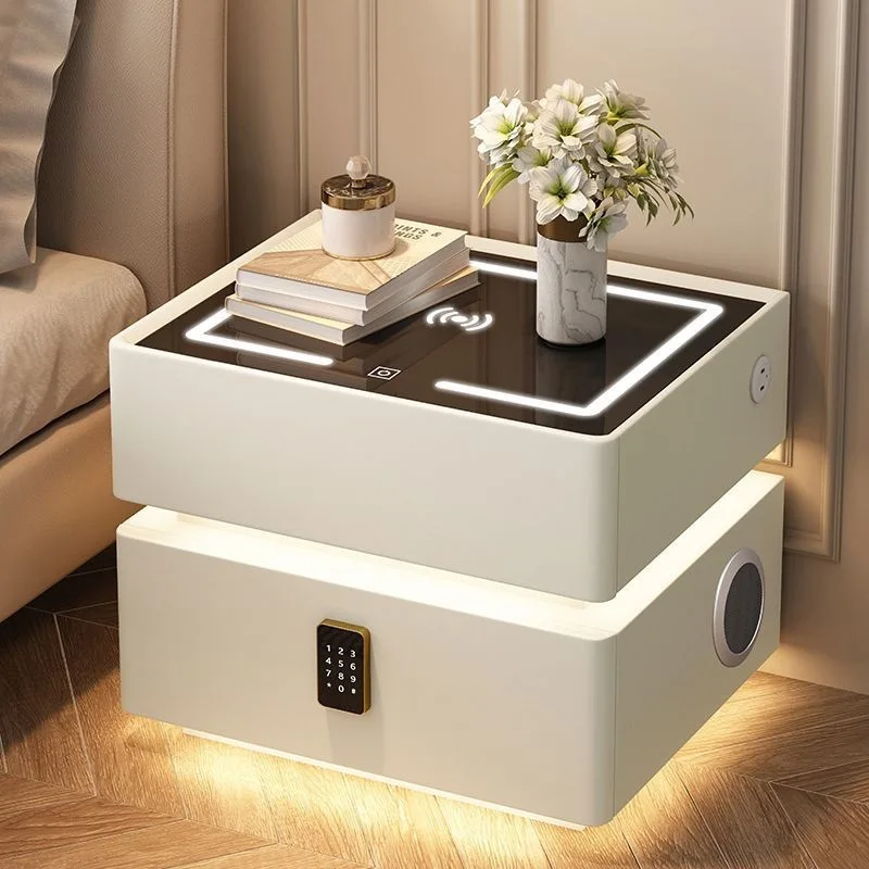Light luxury modern smart bedside table simple multi-function suspended solid wood bedroom with lamp