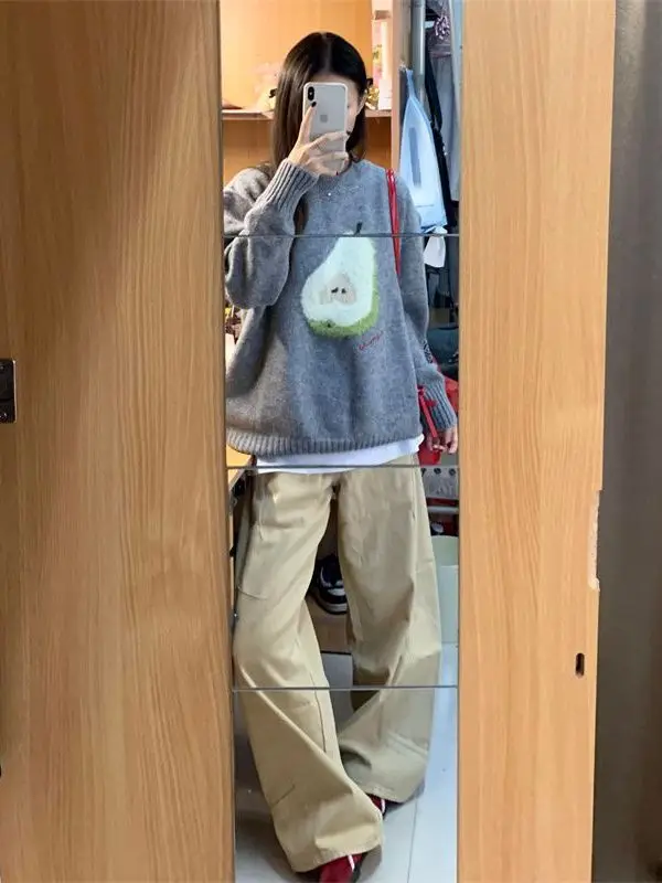 

Korean Sle Soft College Sweet Sle round Ne Cartoon Embroidery Women's Knitted Sweater Winter Lazy Sle Warm Knitwear