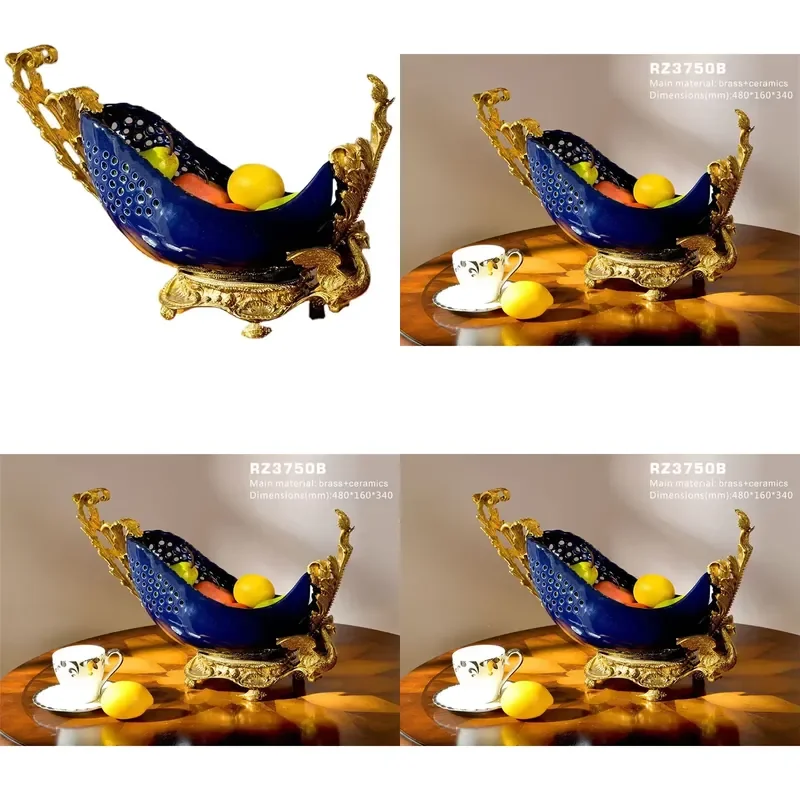 Antique Home Design Decor Royal Blue Ship Like Porcelain Copper Fruit Bowl and Dish for Room Decorations