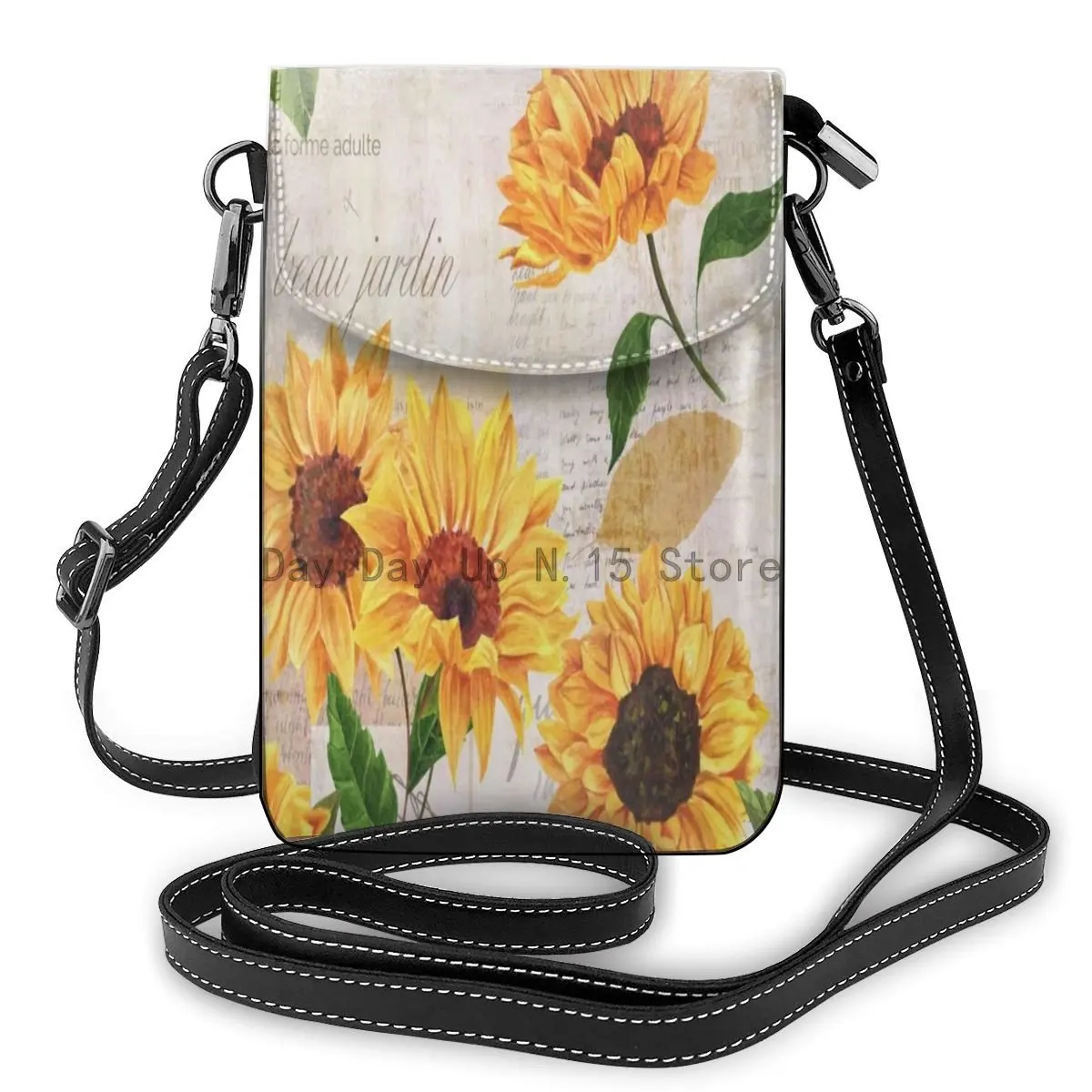 Yellow Sunflower Watercolor Leather Cell Phone Purse Card Holder Wallet Multipurpose Mini Shoulder Purse