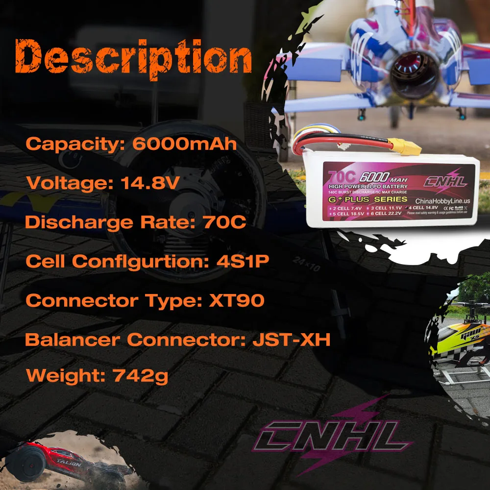 CNHL 14.8V 4S Lipo Battery 6000mAh 70C With XT90 Plug For RC Cars Racing Boats Vehicle Monster Truck Buggy Airplane Helicopter