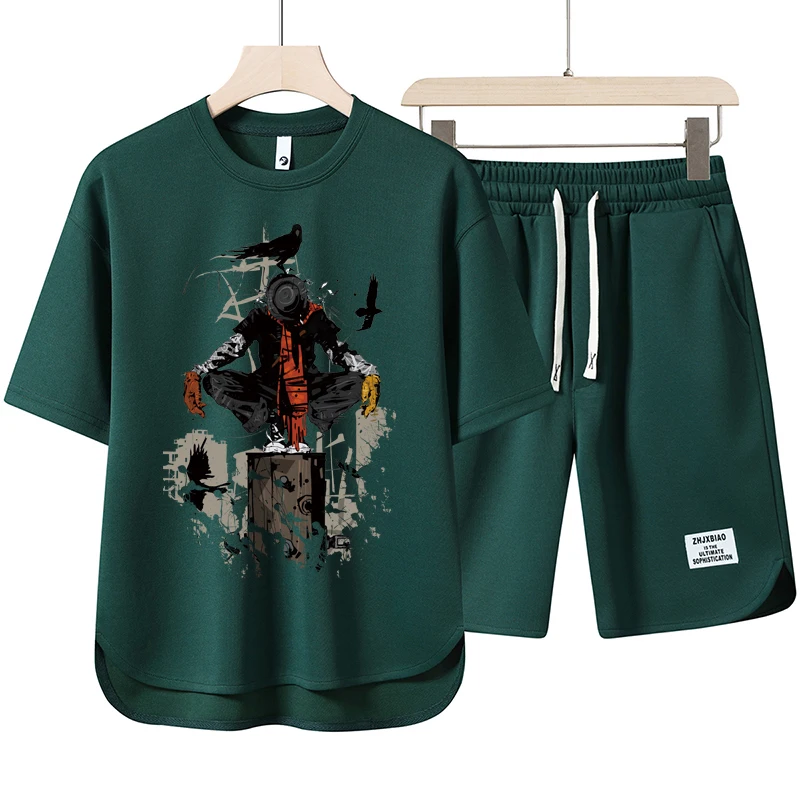 Summer Casual Men\'s Green Suit High Street Harajuku T Shirts Shorts 2 Piece Set Trend Printed Tee Short Pants Men\'s Clothing New