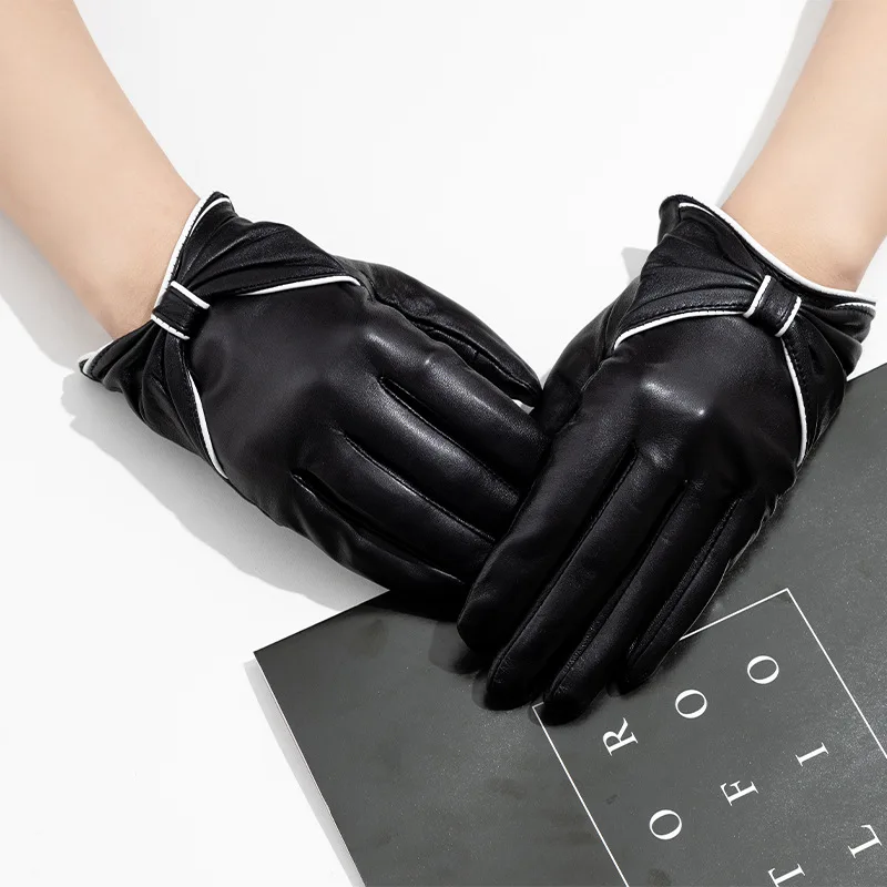 

Women's Autumn Winter Vintage Bow Natural Sheepskin Leather Glove Female Fashion Genuine Leather Touchscreen Driving Glove R1981