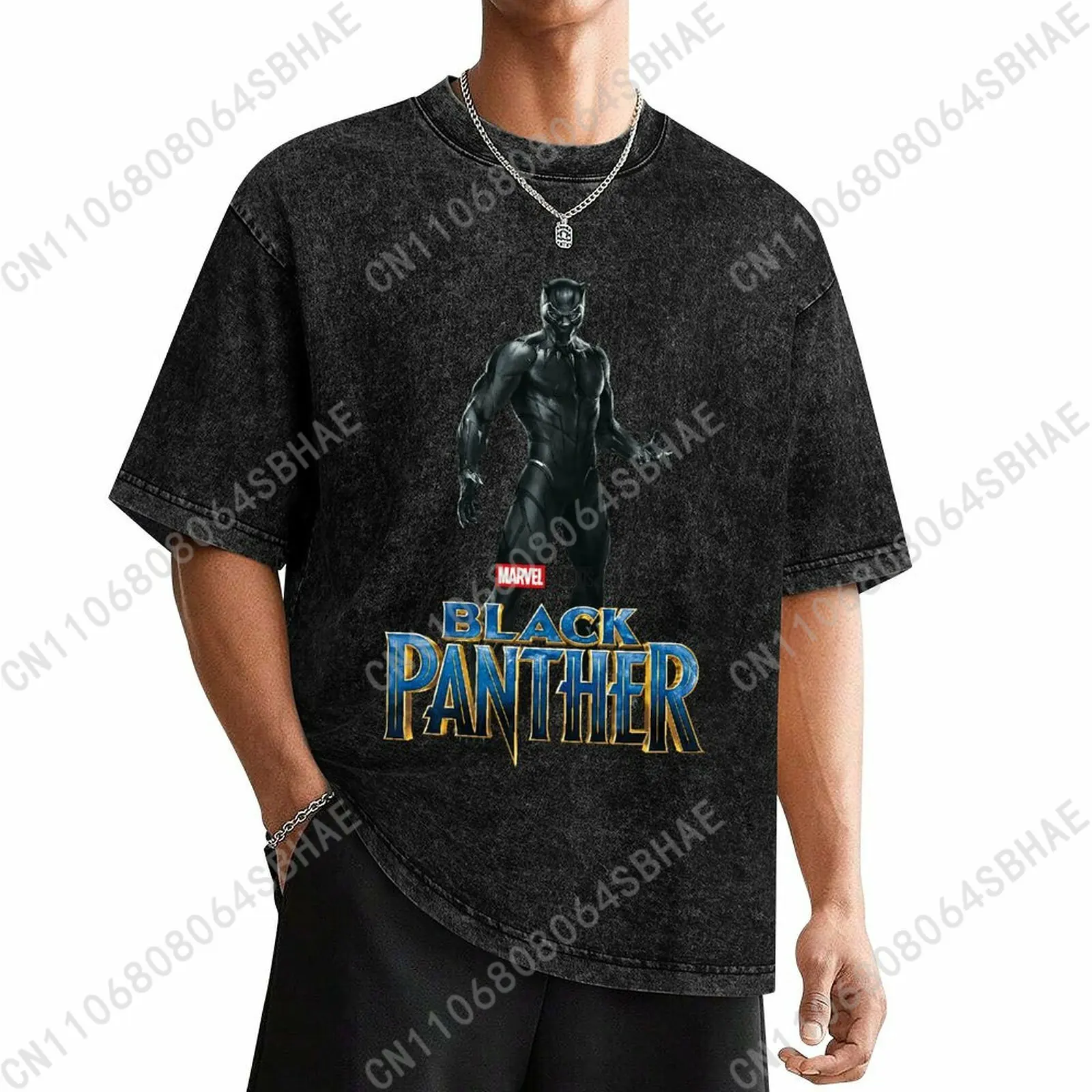 

Marvel Black Panther Custom Mens Vintage T Shirt Washed Distressed Tee Men Retro Short Sleeve Personalized Cotton Shirt Cosplay