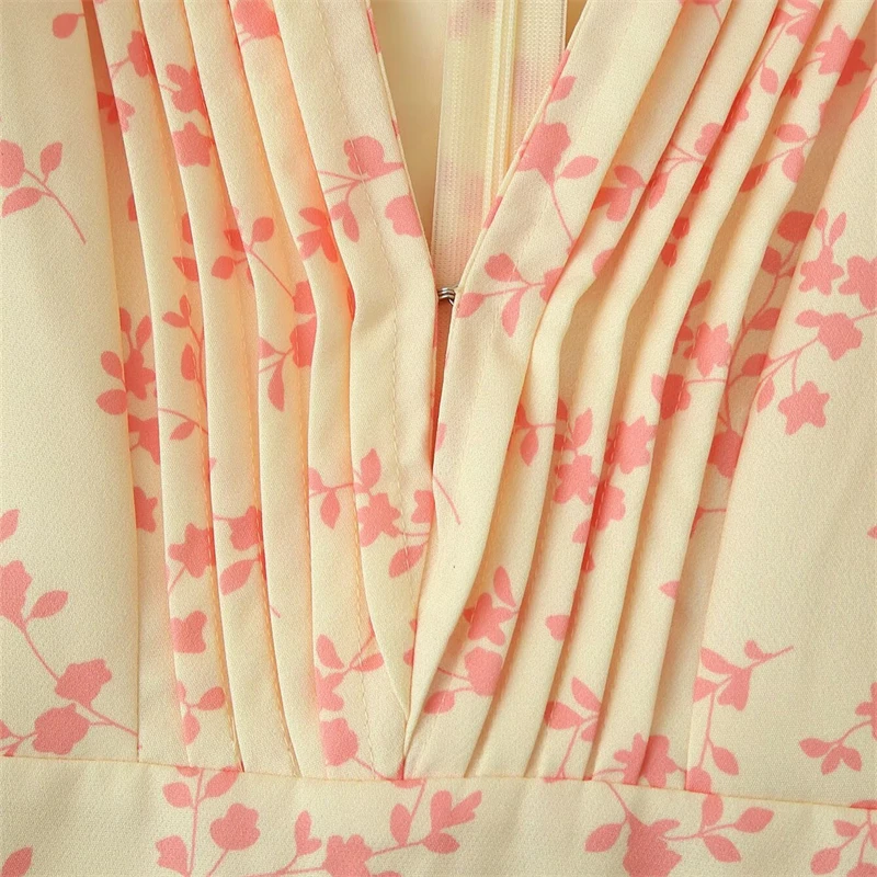 Keyanketian verão novo estilo de férias feminino com decote em v em camadas manga bolha vestido impresso fino saia rabo de peixe