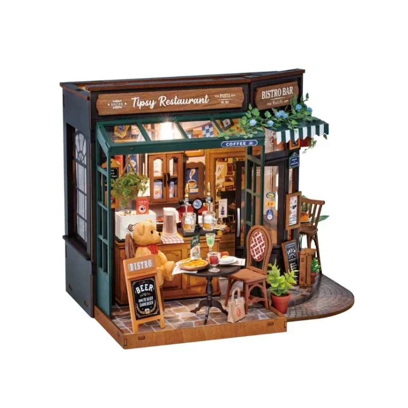  Rolife Tipsy Restaurant kit DIY Miniature House Kit Desk Bookshelf Decoration for Adults Gift Idea For Girls Boys Kids