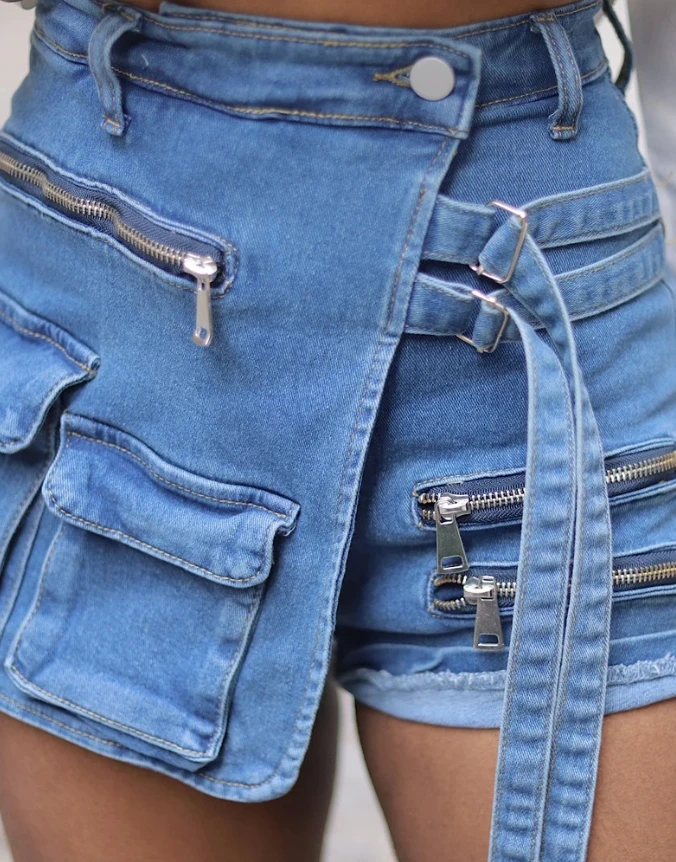 Jupe courte d'été pour femme avec plusieurs poches et fermeture éclair, short en jean enveloppé autour, ourlet avant